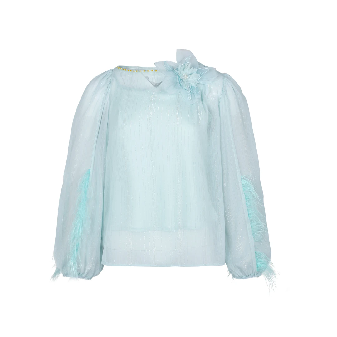 「山茶花」本期bi入重工名媛感织银羽毛衬衣 HDMY