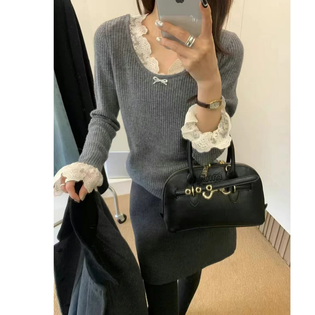 V领蕾丝花边羊毛长袖打底衫