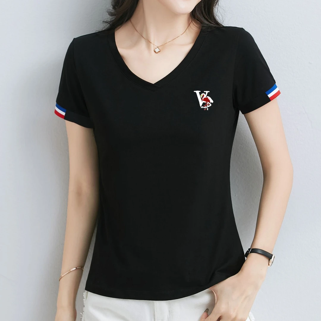 2025夏季中年显瘦洋气短袖t恤女大码休闲V领上衣修身洋气女装百搭