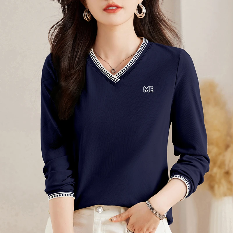 精梳长绒棉打底衫女内搭外穿遮肉显瘦V领洋气减龄长袖女款打底衫