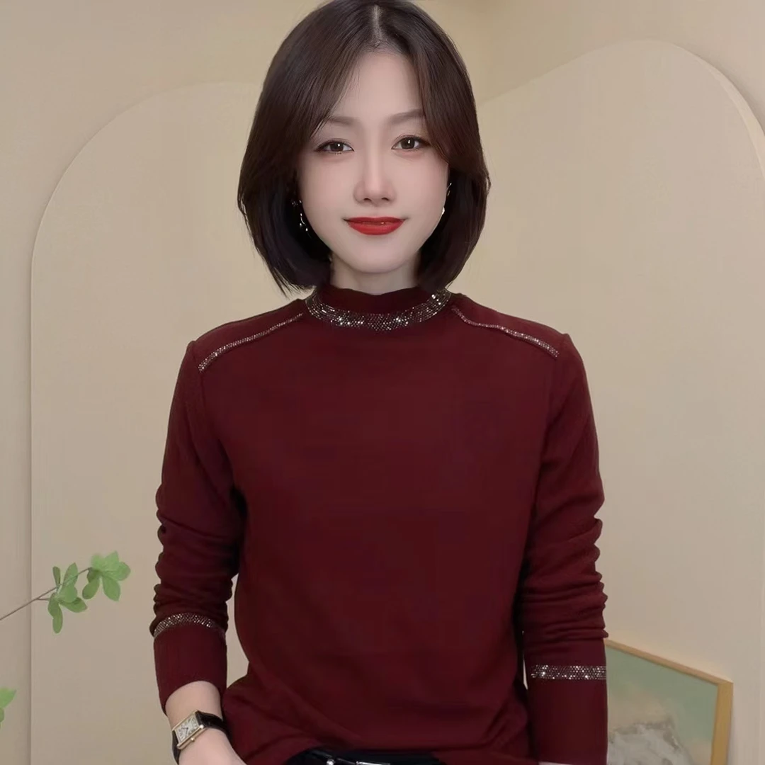 新品纯色烫钻时尚气质设计感女士T恤显瘦罗纹德绒安哥拉打底衫
