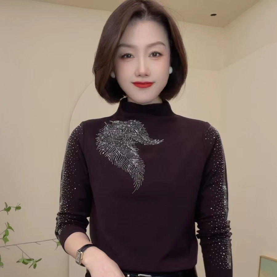 双面德绒内搭长袖t恤女打底衫女镶钻洋气修身保暖长袖上衣半高领