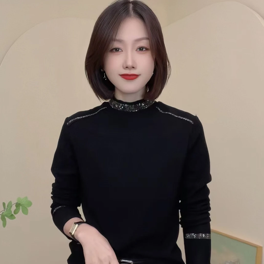 新品纯色烫钻时尚气质设计感女士T恤显瘦罗纹德绒安哥拉打底衫