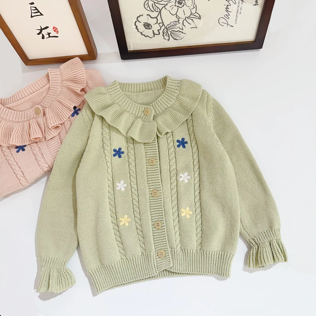 女童蝴蝶结花边圆领麻花休闲针织毛衣893