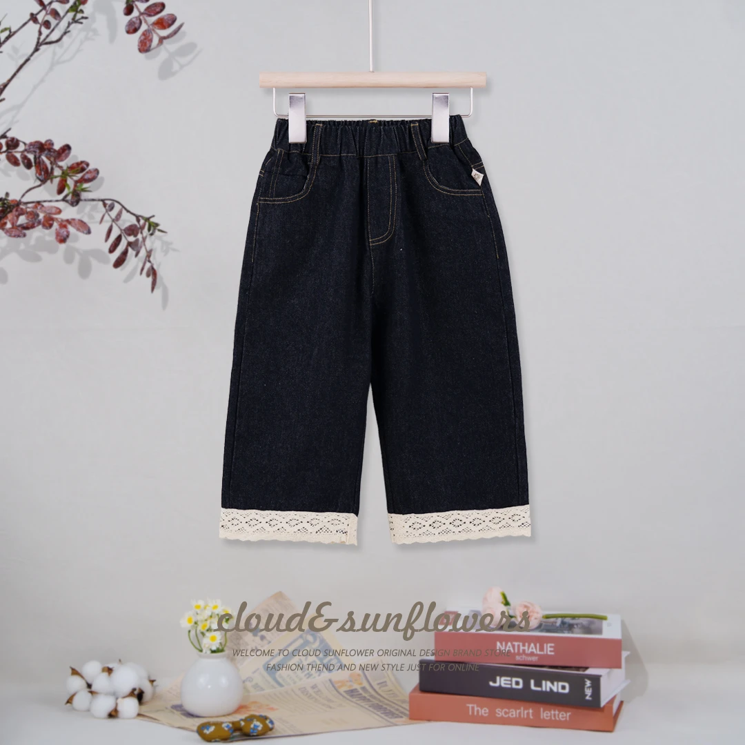【云朵小葵】女童磨白直筒裤脚蕾丝休闲牛仔裤881119
