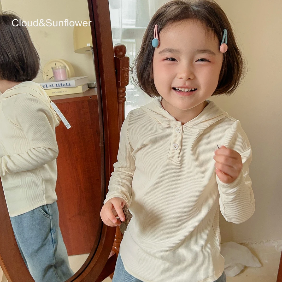 【云朵小葵】女童秋季潮流简约两粒扣纯色竖条休闲帽衫243853