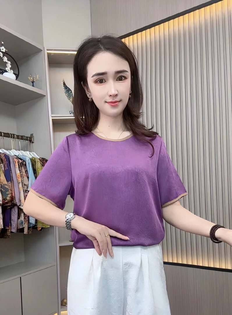 宽松夏季高端短袖妈妈装高端时尚洋气遮肚显瘦百搭气质圆领小衫