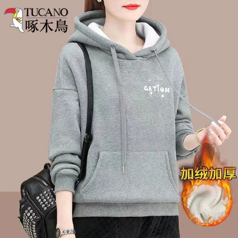 加绒 啄木鸟正品2023年秋冬季加厚新款休闲宽松上衣百搭连帽卫衣