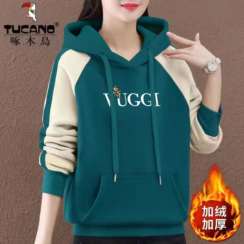 TUCANO/啄木鳥新款女装冬季加绒加厚连帽卫拼色宽松卫衣长袖上衣