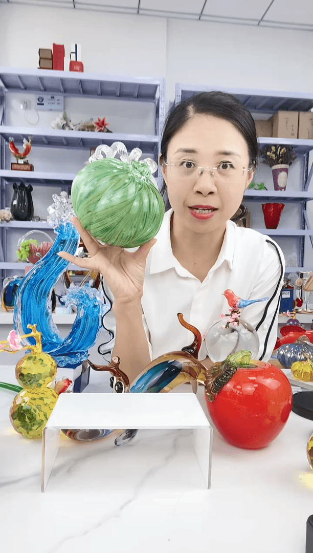 【闪购商品】高端纯手工琉璃洒金绿色条纹南瓜微瑕