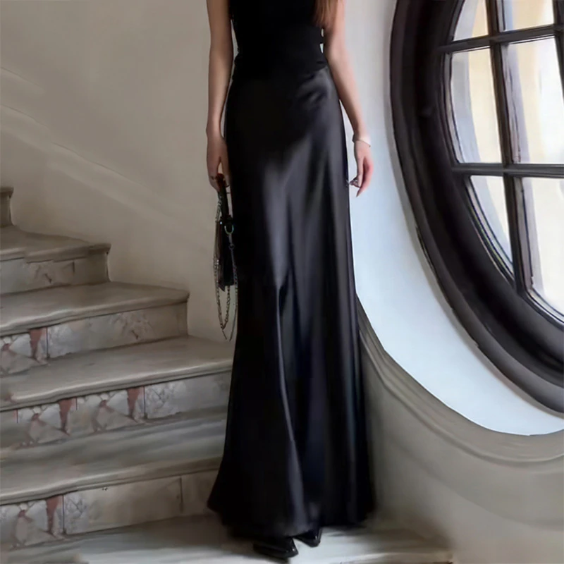 夏季新款黑色高腰显瘦双面缎面垂坠感长裙时尚气质超长拖地半身裙