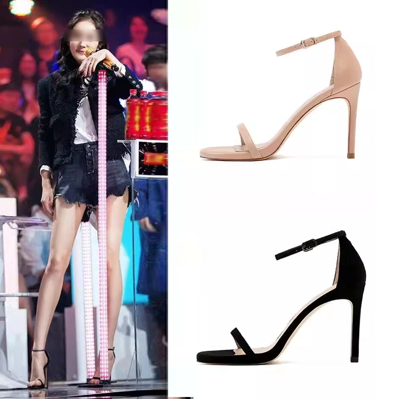 2023年新款夏ins潮网红性感细跟高跟鞋百搭露趾真皮一字带凉鞋女