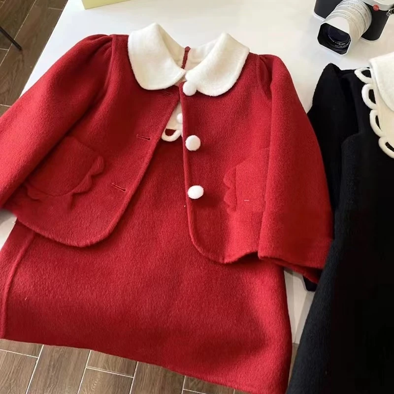 A02韩版童装女童冬季洋气红色毛呢娃娃领外套背心裙女宝宝两件套