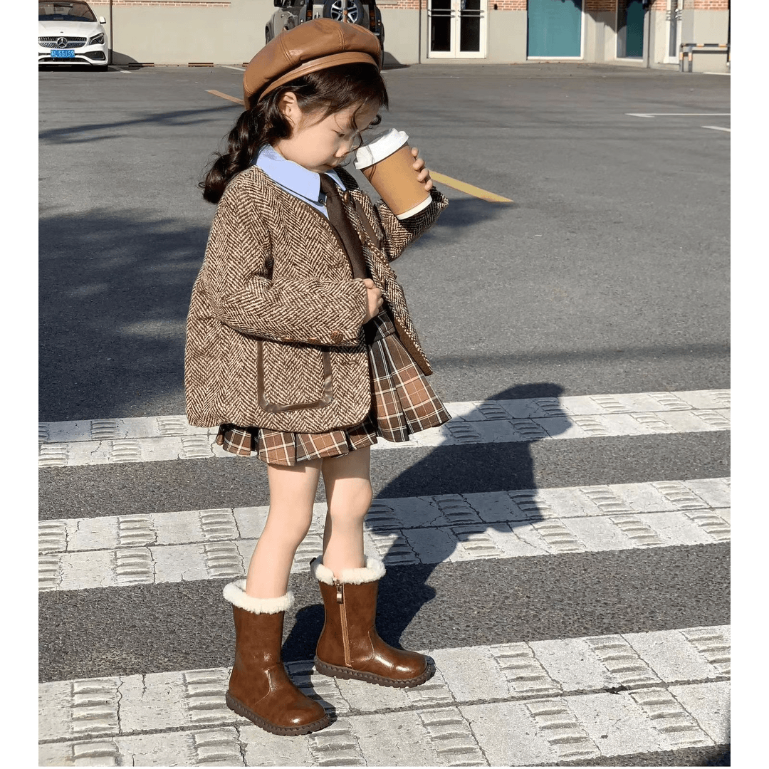 韩版女童学院风套装秋冬新款小香风外套蓝色衬衫百褶裙三件套