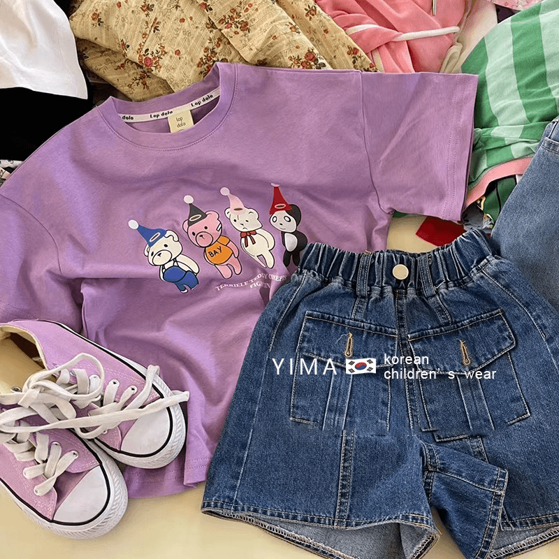1019韩版童装女童2023夏季薄款纯棉卡通t恤牛仔短裤儿童网红洋气