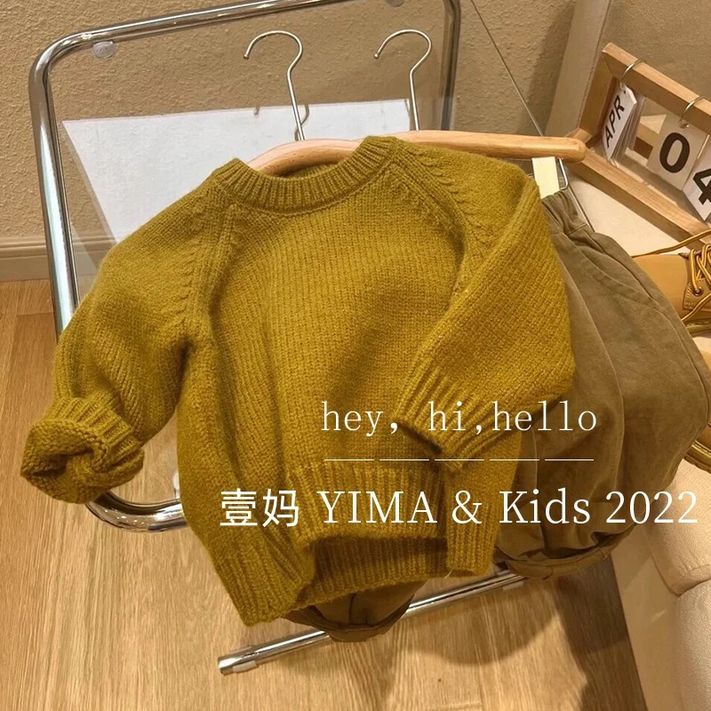 A19韩版童装男童秋装宽松圆领套头毛衣女童洋气外穿纯色针织上衣