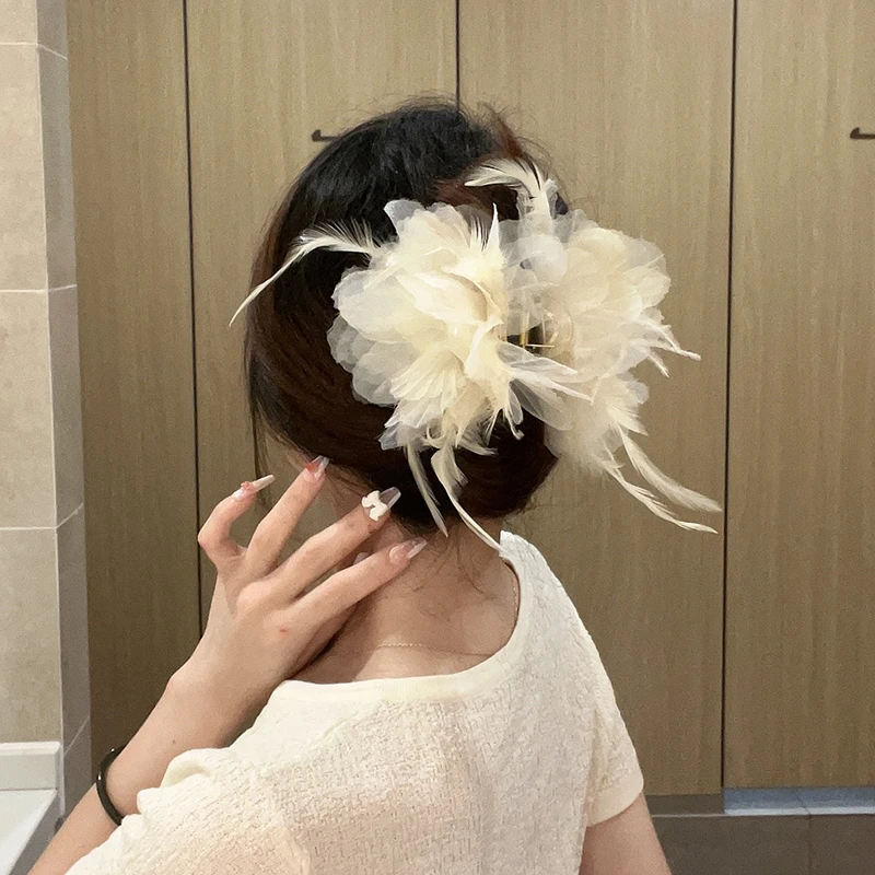 羽毛气质发抓法式超仙仙气优雅抓夹欧美盘发发夹