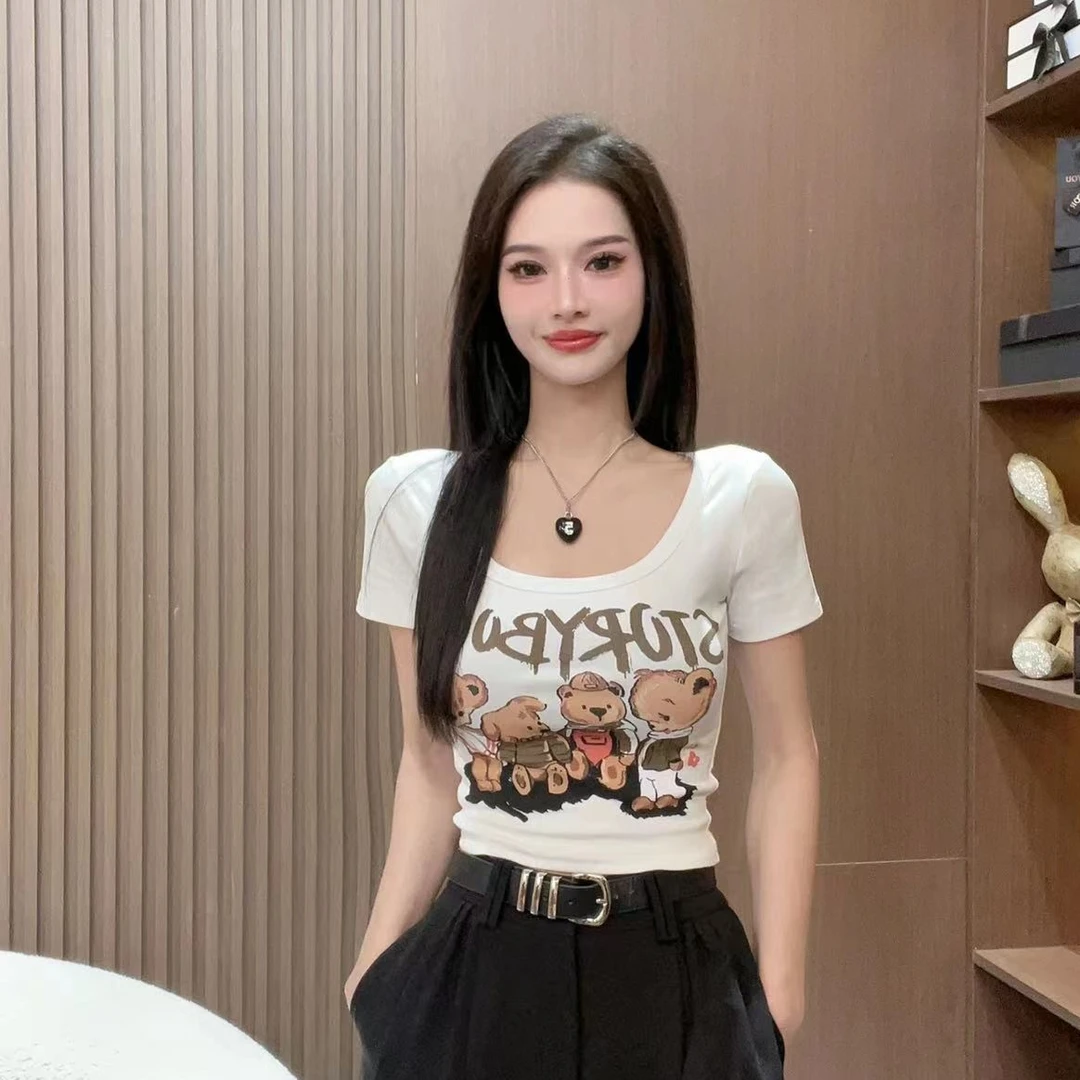 夏季新款美式卡通修身显瘦2025年韩版显瘦甜美U领百搭印花T恤潮