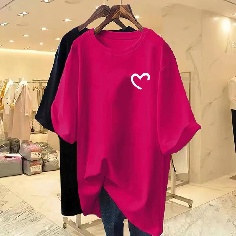 火龙果色纯棉宽松长款短袖T恤女夏新款欧货大版中长款上衣打底衫