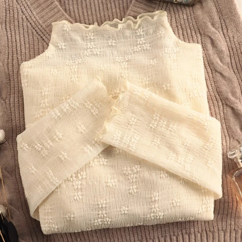 半高领蕾丝打底衫女毛衣内搭洋气罩衣早秋季木耳领小香风网纱上衣