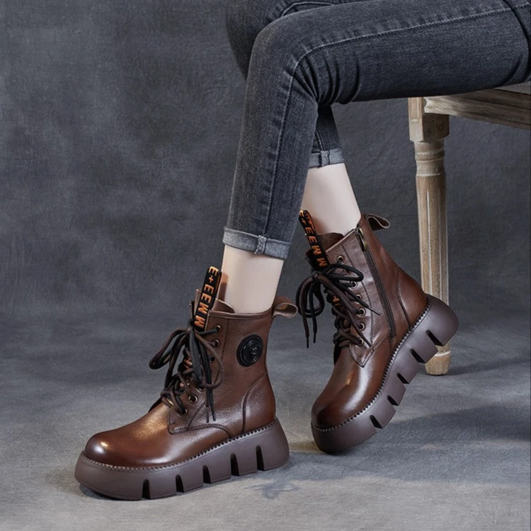 真皮马丁靴女英伦风2023秋冬季新款复古休闲百搭短靴厚底