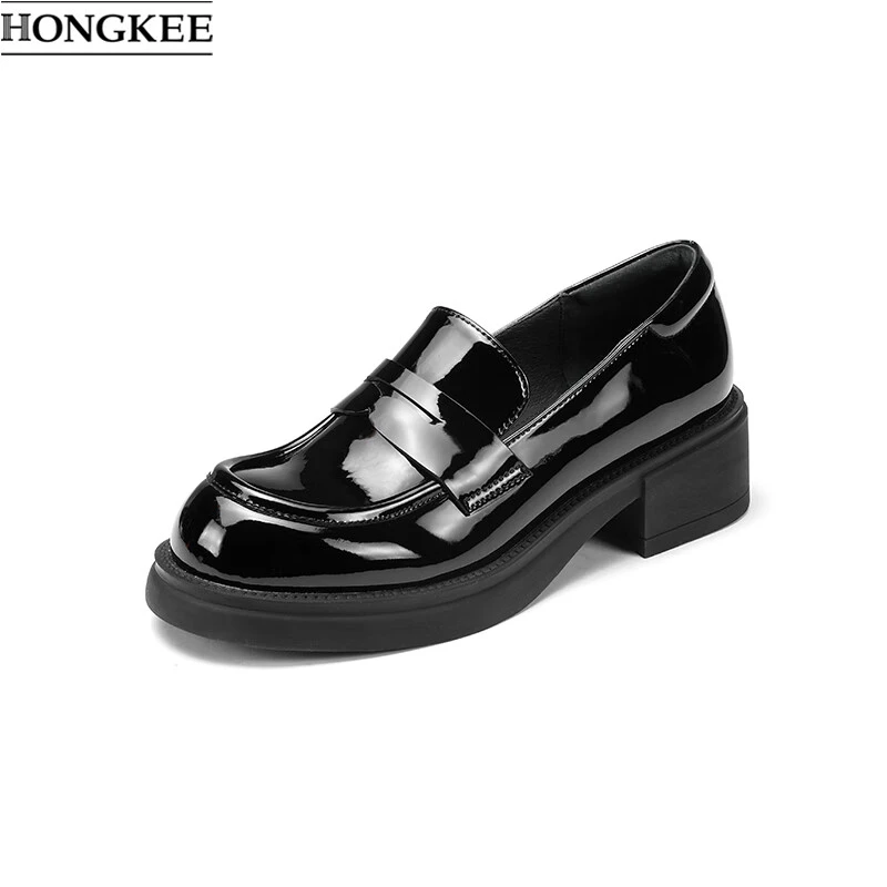 HONGKEE/红科春季圆头粗跟时尚休闲乐福鞋女H073S102