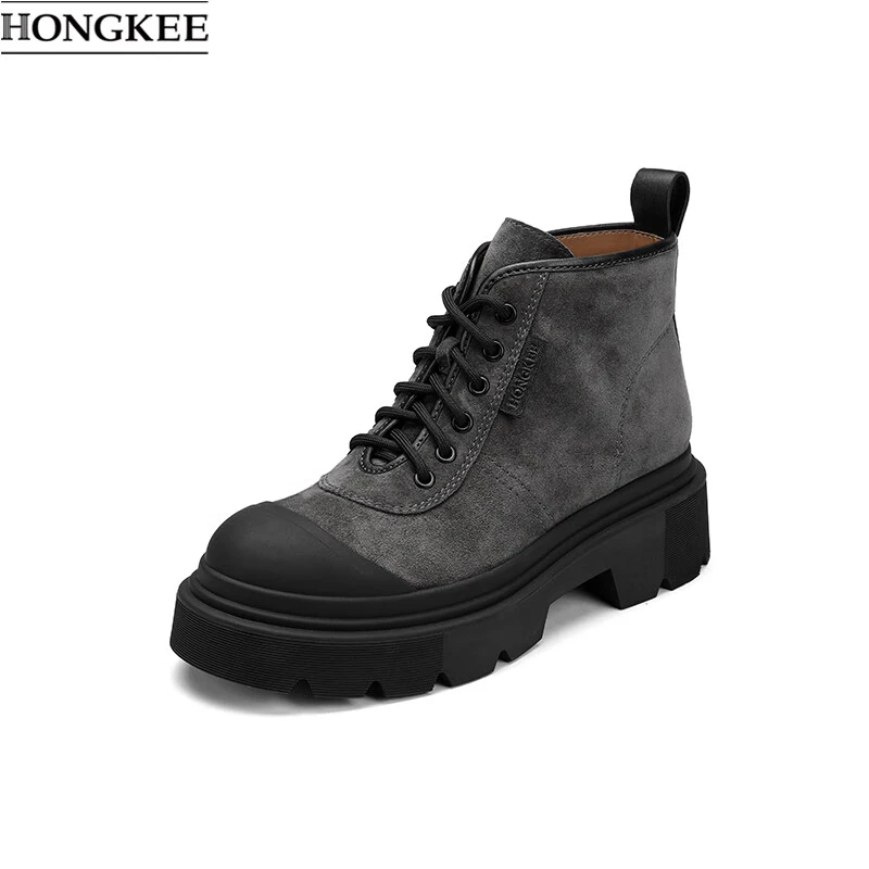 HONGKEE/红科冬季牛皮圆头粗跟系带时尚百搭靴子女HC23S410
