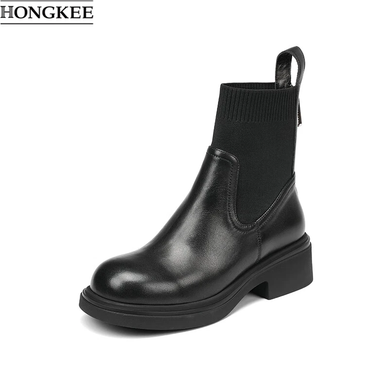 冬季牛皮粗跟靴复古时尚靴子女H814D406