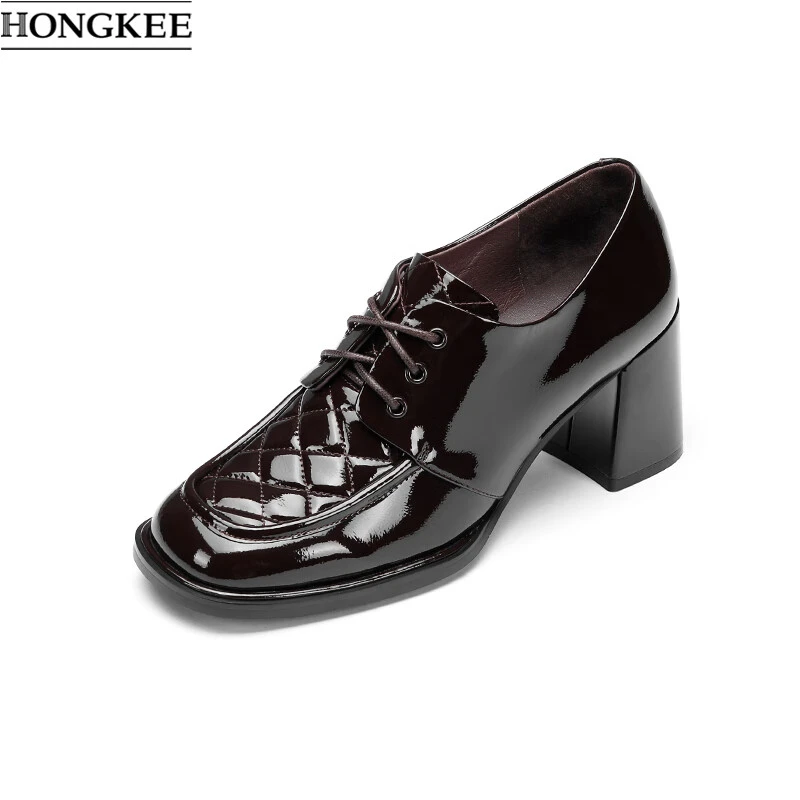 HONGKEE/红科秋季亮面圆头粗跟系带复古百搭高跟鞋女HA83S302