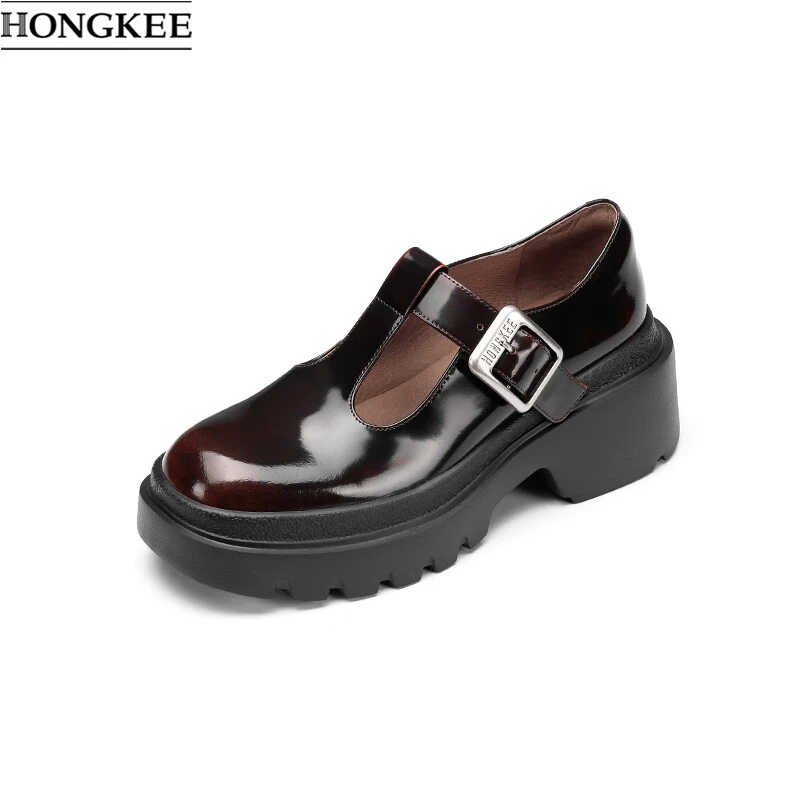 HONGKEE/红科秋季圆头牛皮厚底一字扣甜美时尚玛丽珍女鞋H033S300