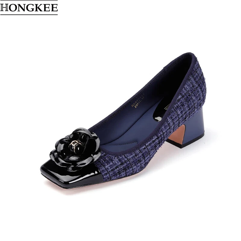 HONGKEE/红科春季织物小香风时尚优雅粗跟单鞋女士气质HA84S112