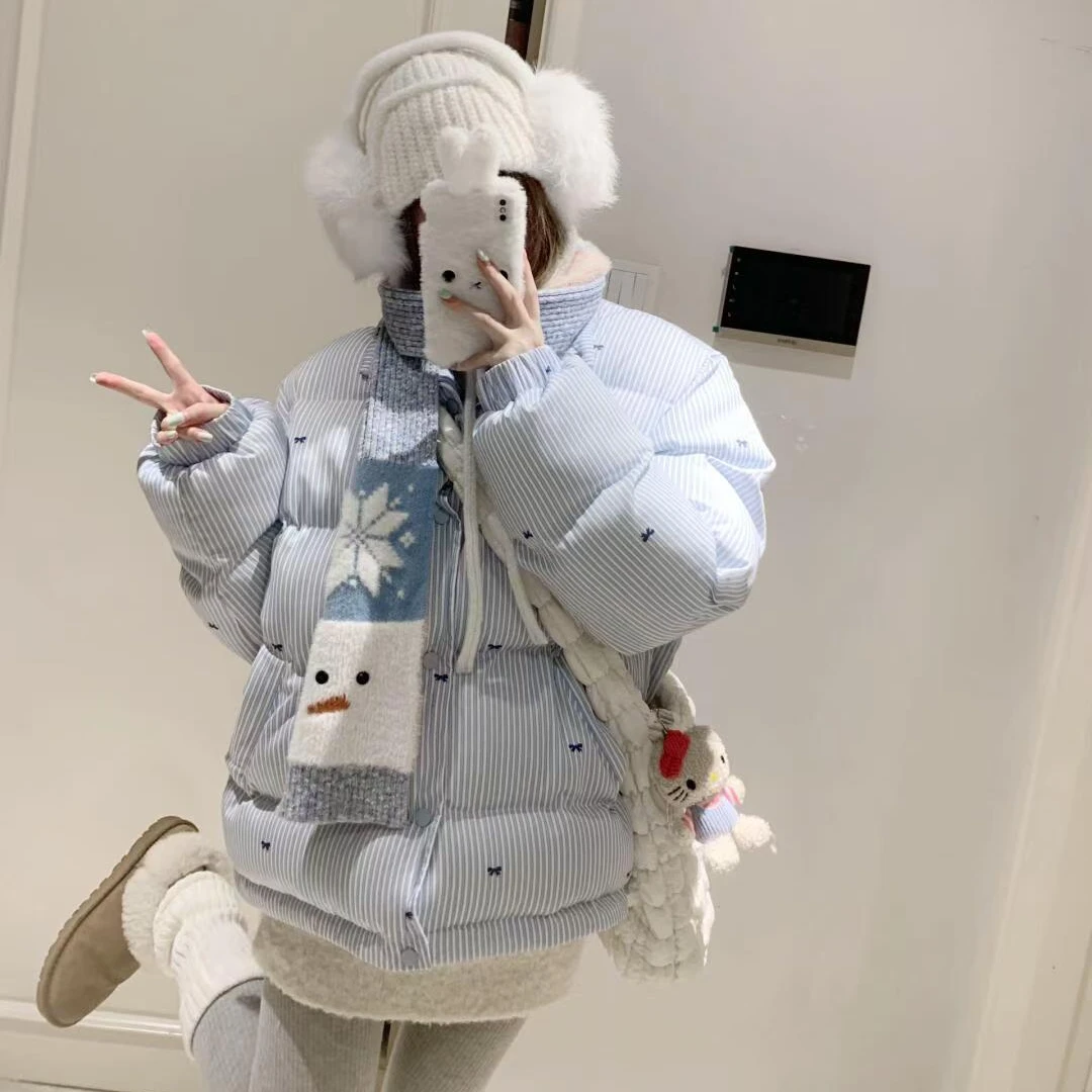 蝴蝶结印花棉服女短款2024新款韩系蓝色条纹面包服立领学生冬外套