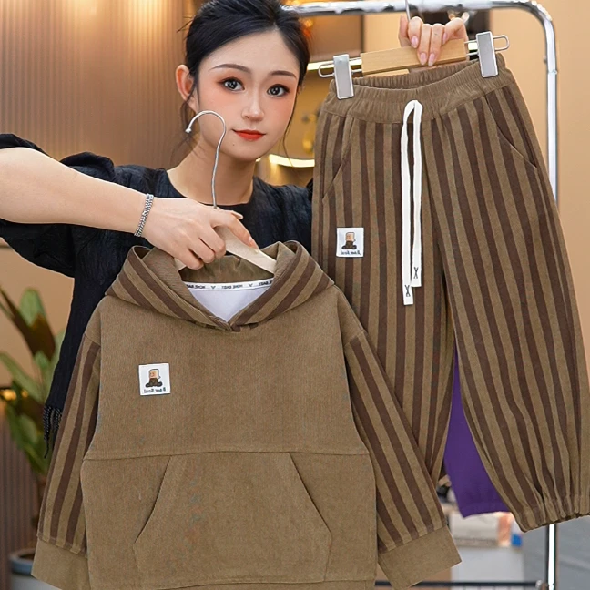 【加绒加厚】2024秋季上新男女童长袖套装洋气连帽百搭时尚宽松两件