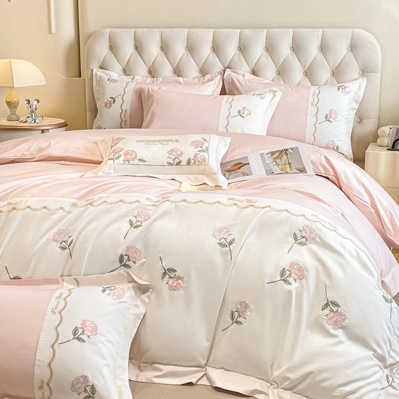 【邂逅玫瑰 】长绒棉 轻奢匹马棉小清新绣花全棉设计师款床上四件套