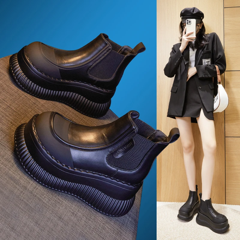 青蜓牌厚底马丁靴女2023新款秋冬季内英伦风加绒小个子真皮短靴
