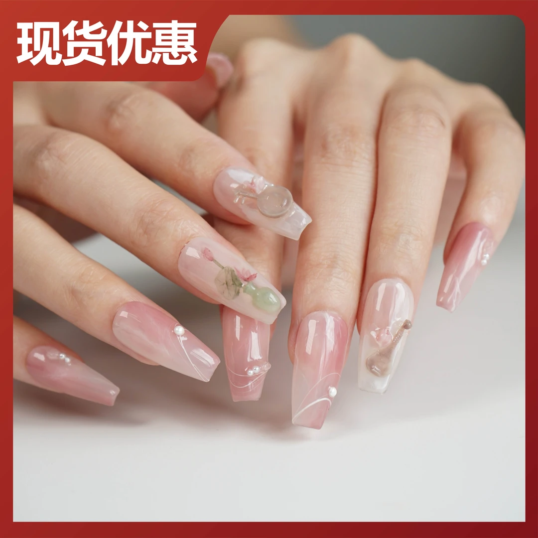 本宫指义【夏荷】高级服帖纯手工穿戴甲 短长款美甲 国风新中式荷花