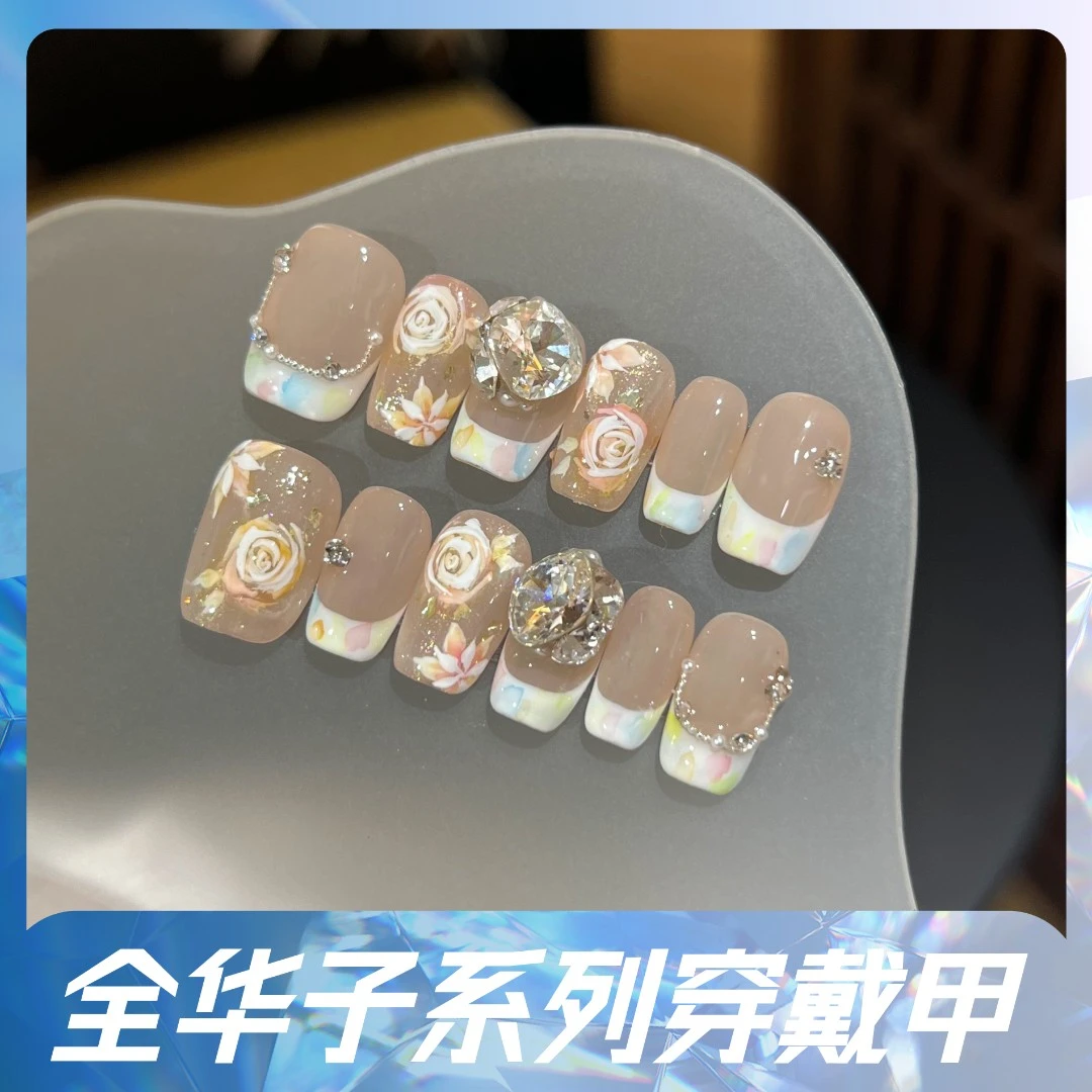 本宫指义【油画玫瑰/全施华】手绘高级手工美甲 夏日爆款莫奈花园风