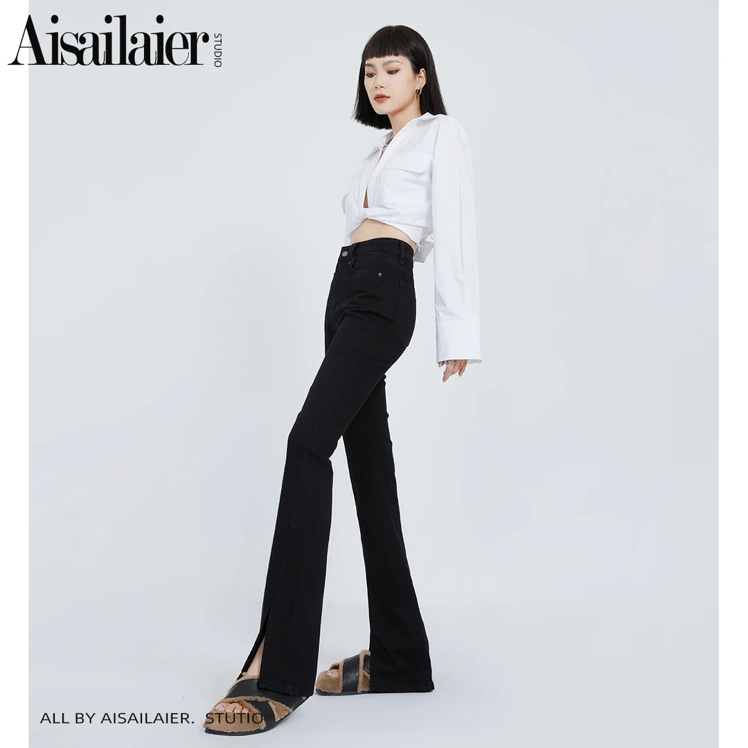 黑色开叉高腰直筒牛仔喇叭裤女2024年春夏新款弹力修身显瘦马蹄裤
