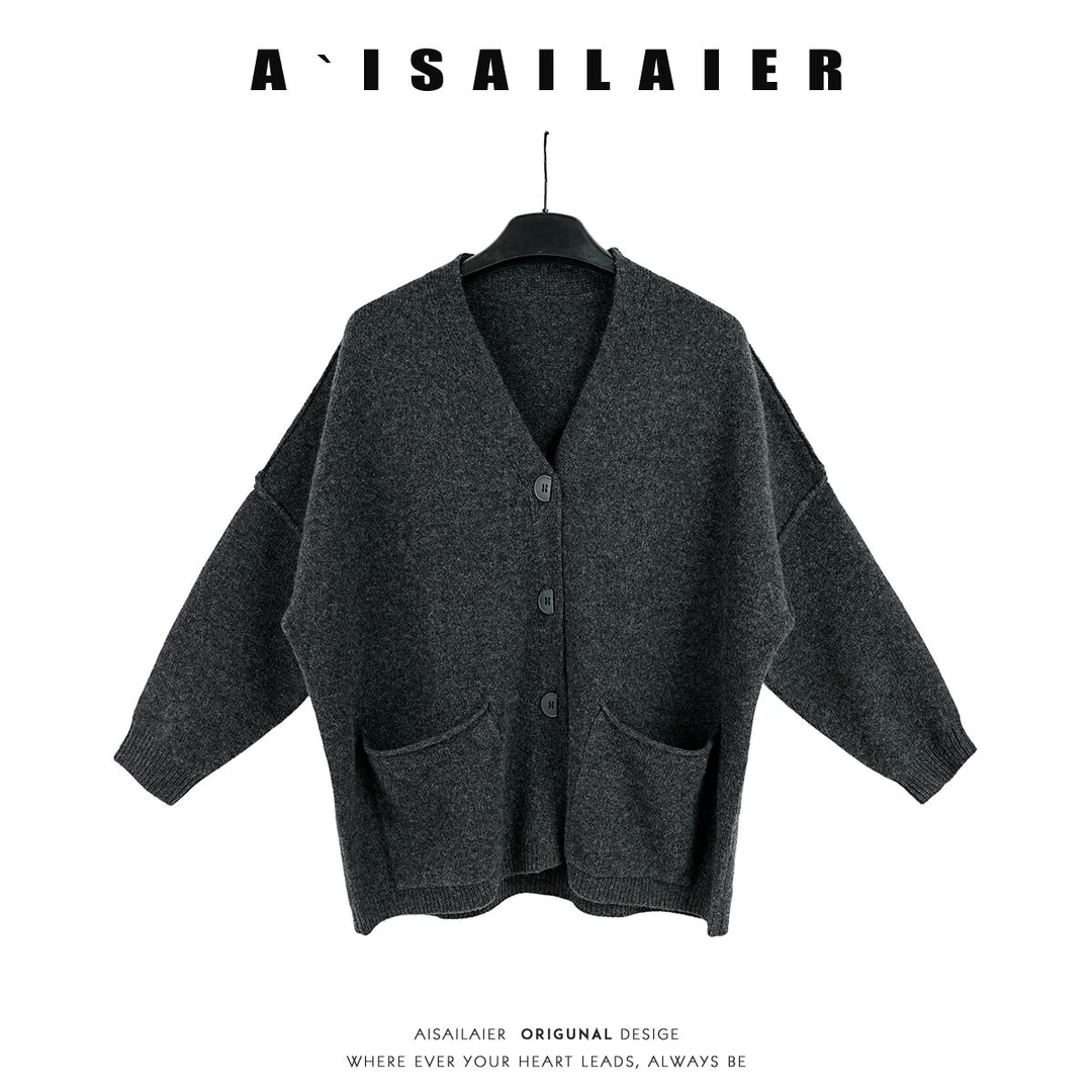 【100%绵羊毛】春季宽松针织外套女2025年新款V领毛衣慵懒风上衣