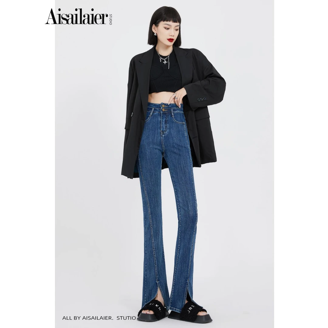 设计感高腰开叉喇叭显瘦牛仔裤女马蹄裤2025年春夏新款弹力微喇裤