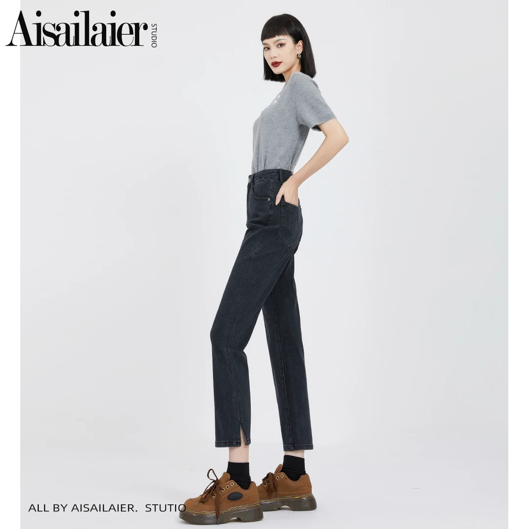 磨毛加绒开叉高腰直筒牛仔裤女2024年春季新款弹力九分烟管裤潮