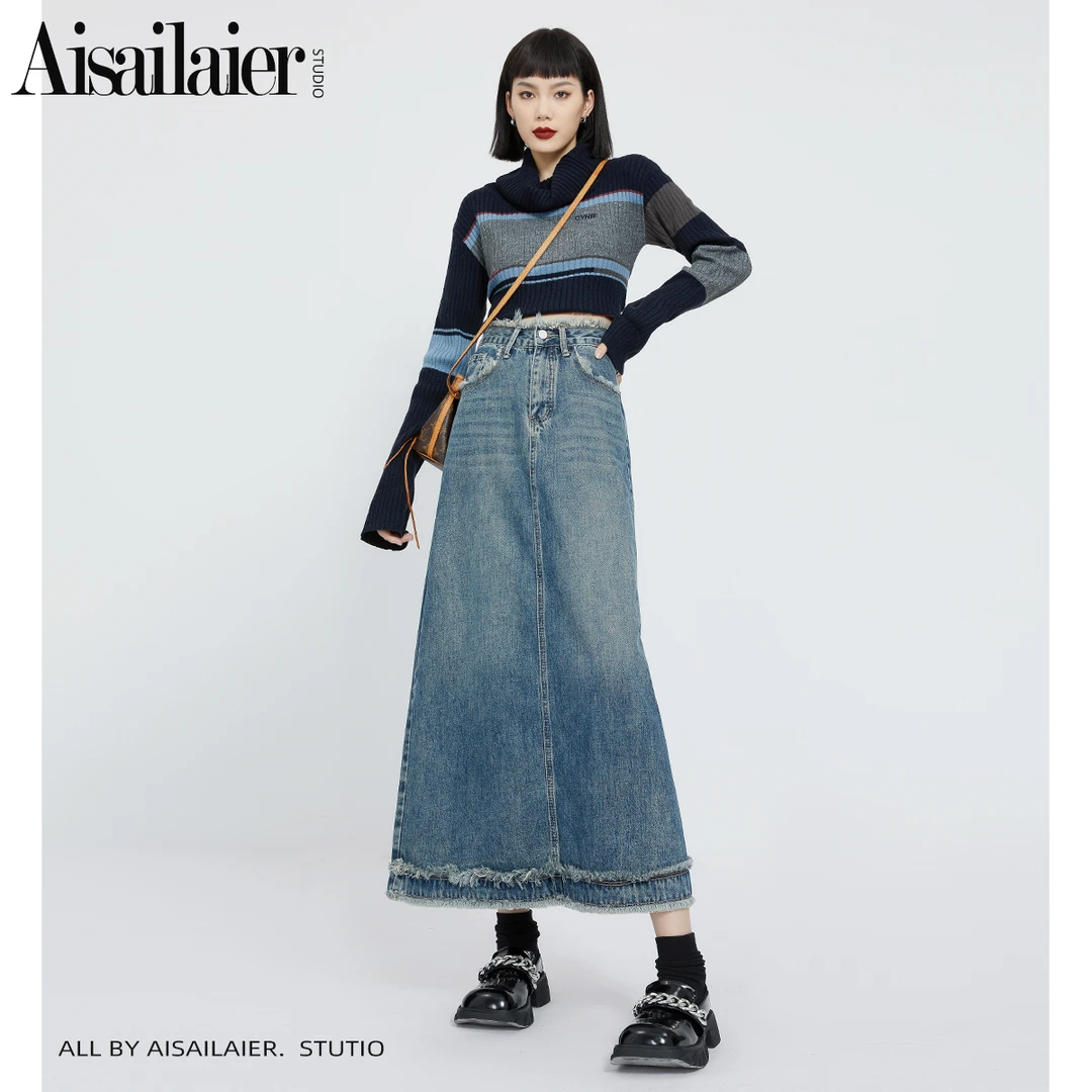 小众设计感复古高腰牛仔半身裙女春秋中长款2024年新款a字裙子潮