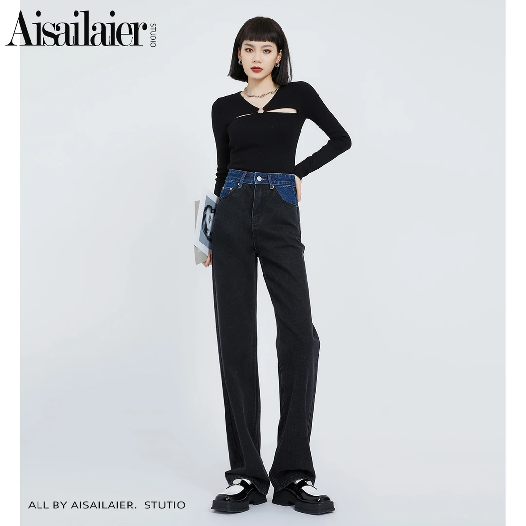 设计感高腰窄版阔腿牛仔裤女2025年夏季新款宽松显瘦直筒裤