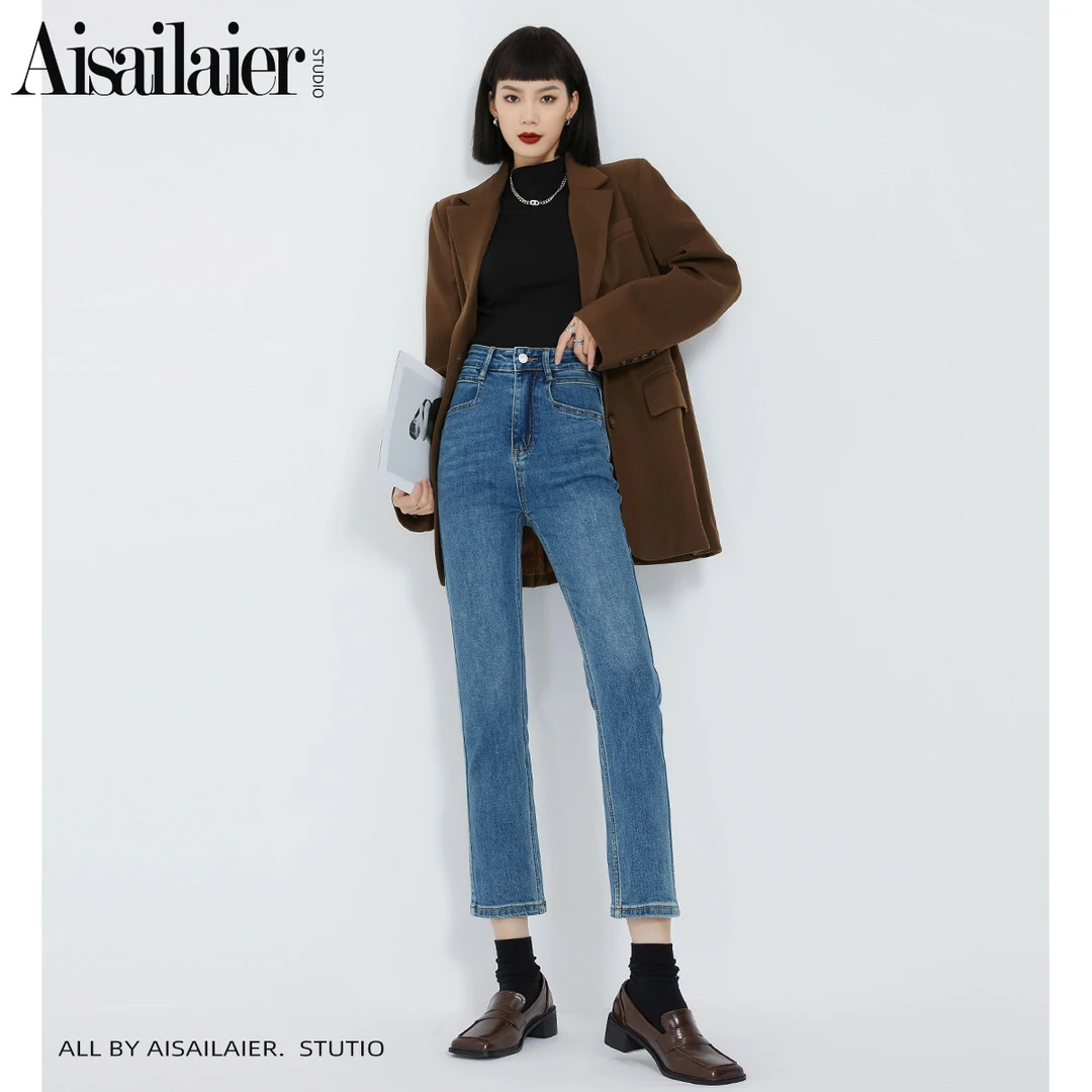 薄绒磨毛高腰小直筒牛仔裤女2025年秋冬新款弹力显瘦九分烟管裤子