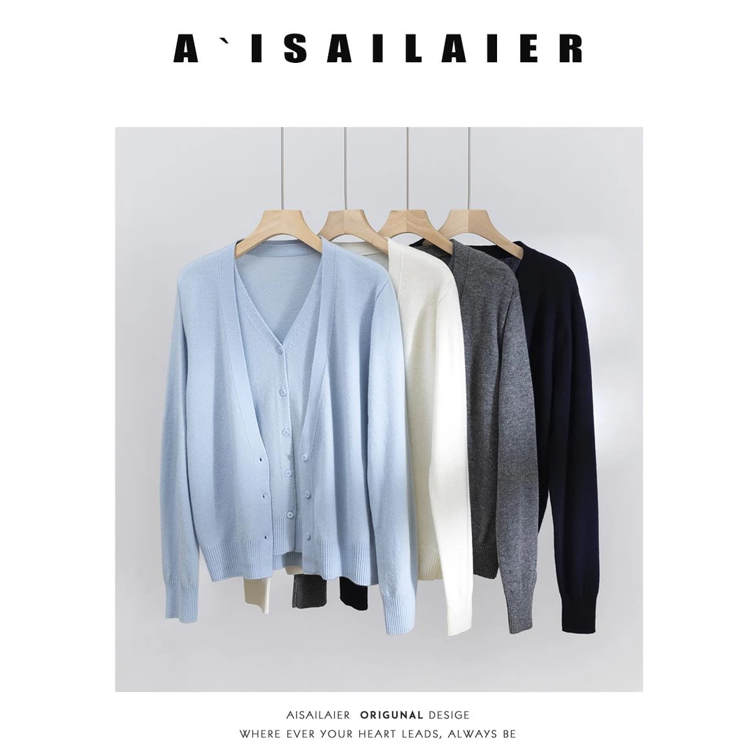 【雨柠】V领绵羊毛针织衫女2025年春季新款假两件显瘦外搭软糯毛衣