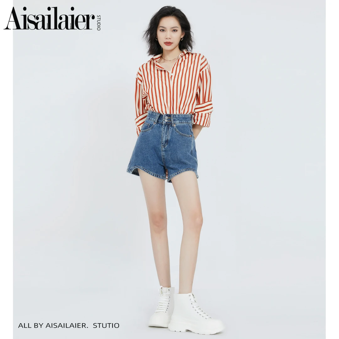 不规则设计感高腰牛仔短裤女2024年夏季新款宽松显瘦a字阔腿热裤