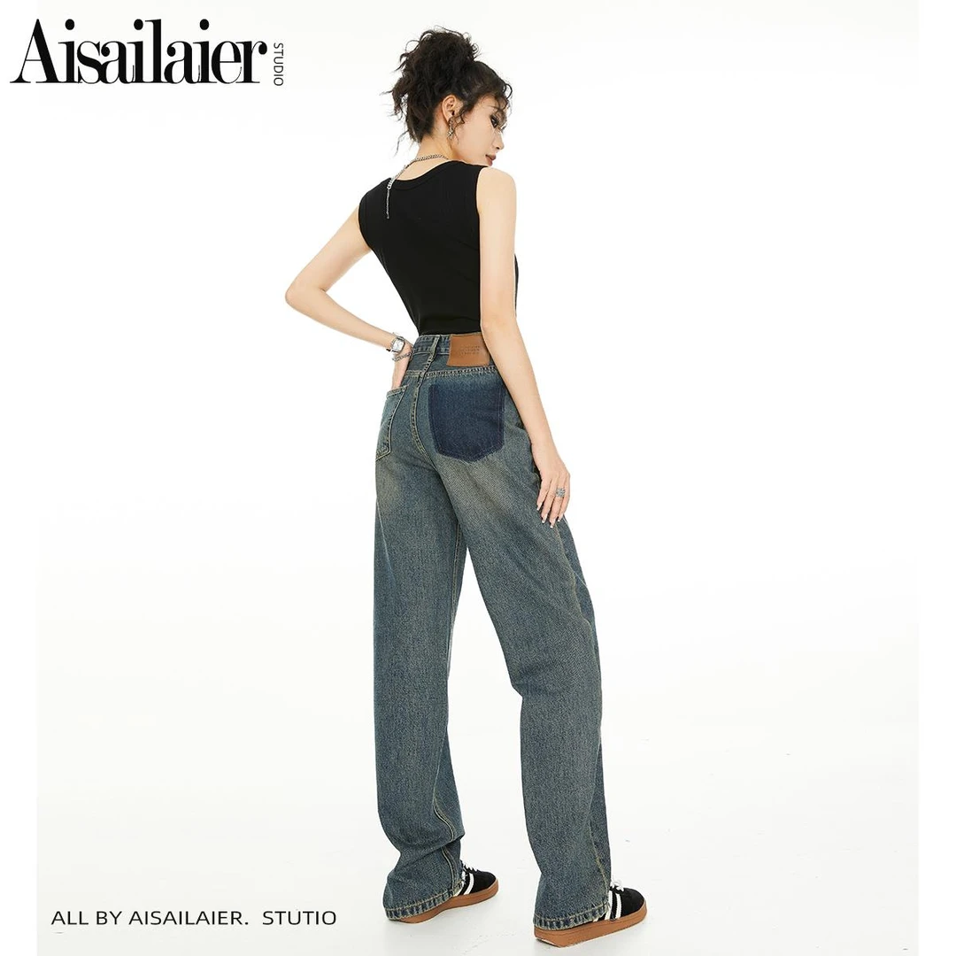 【清仓】复古做旧高腰牛仔阔腿裤女2025年春季新款宽松显瘦拖地裤