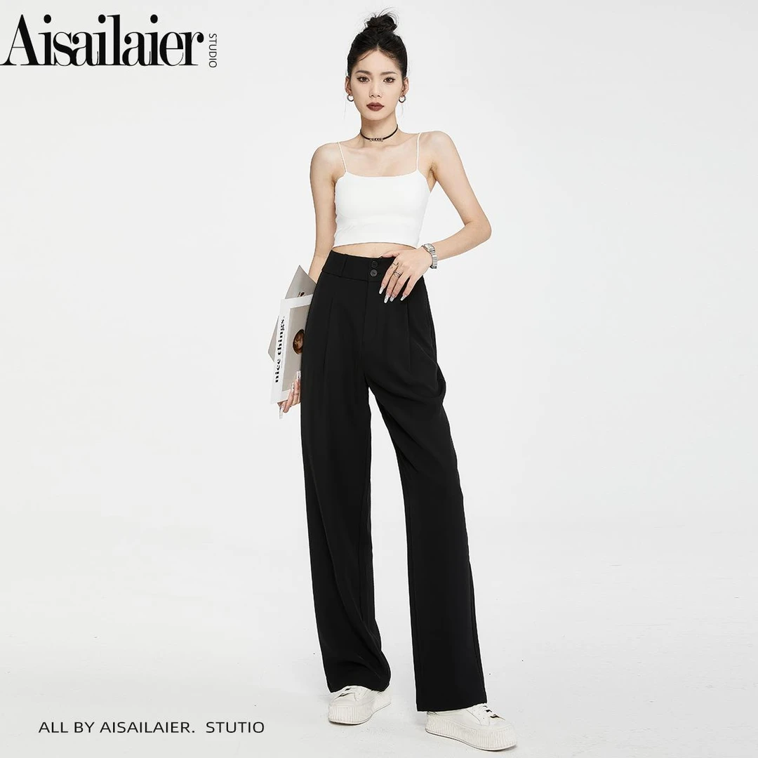 艾赛莱尔-青叶-柔软亲肤西装裤显瘦2025初秋新款窄版直筒加长裤