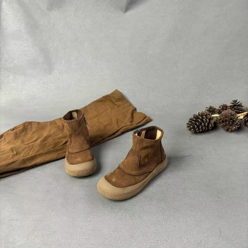 牛皮休闲圆头软底女士短靴