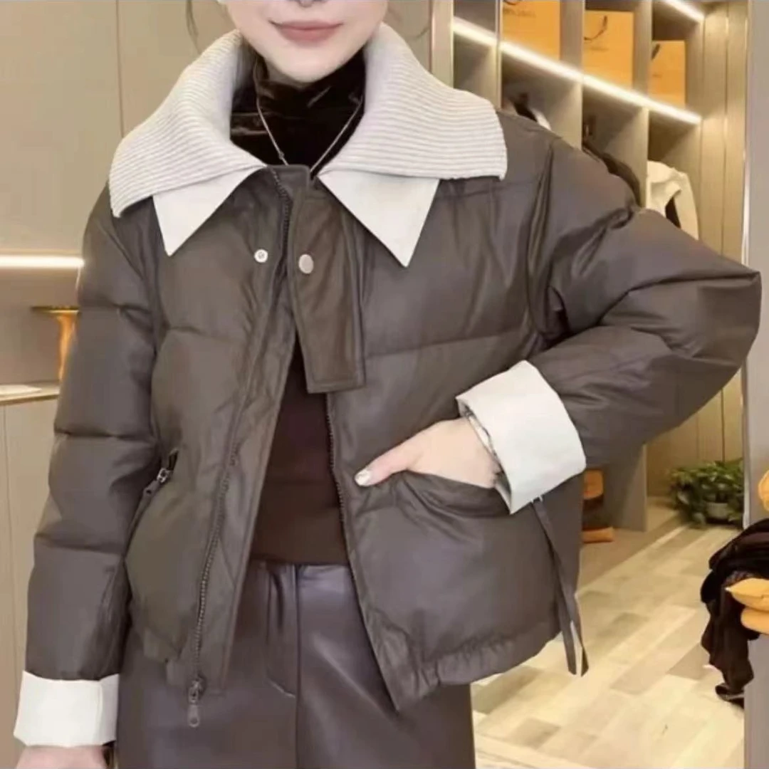 冬季时尚2024短款免洗棉服洋气拼接保暖针织翻领显瘦百搭女外套